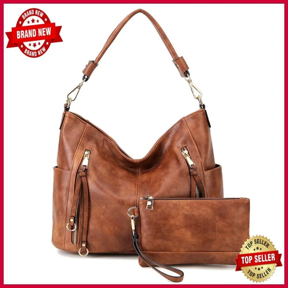 Large Vegan Leather Hobo Bag with Multiple Pockets, Adjustable Strap